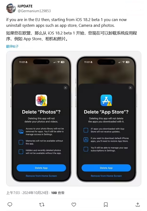 利津苹果手机维修分享iOS 18.2 支持删除 App Store 应用商店 