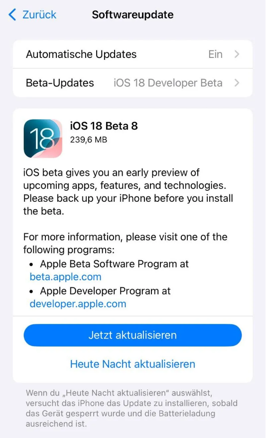 利津苹果手机维修分享苹果 iOS / iPadOS 18 开发者预览版 Beta 8 发布 